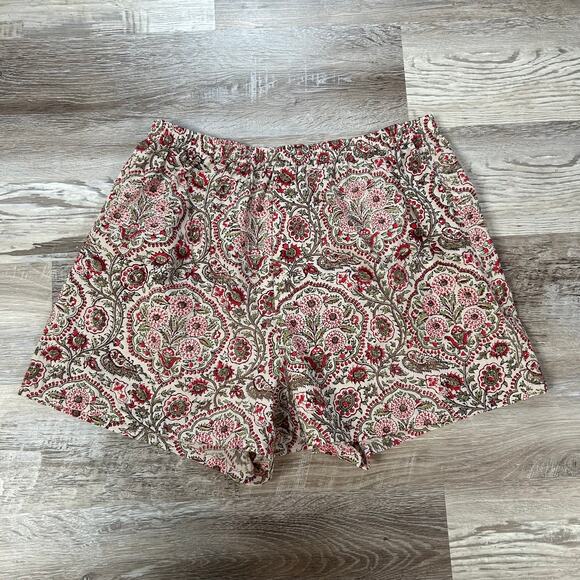 Anokhi India Block Print Cotton Shorts Red Floral Paisley Elastic Waist L - Picture 1 of 10
